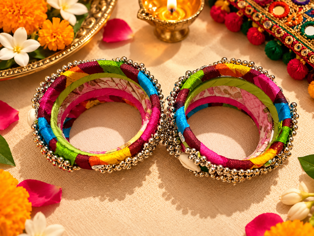 Multicolor Fabric Mirror Bangle Set