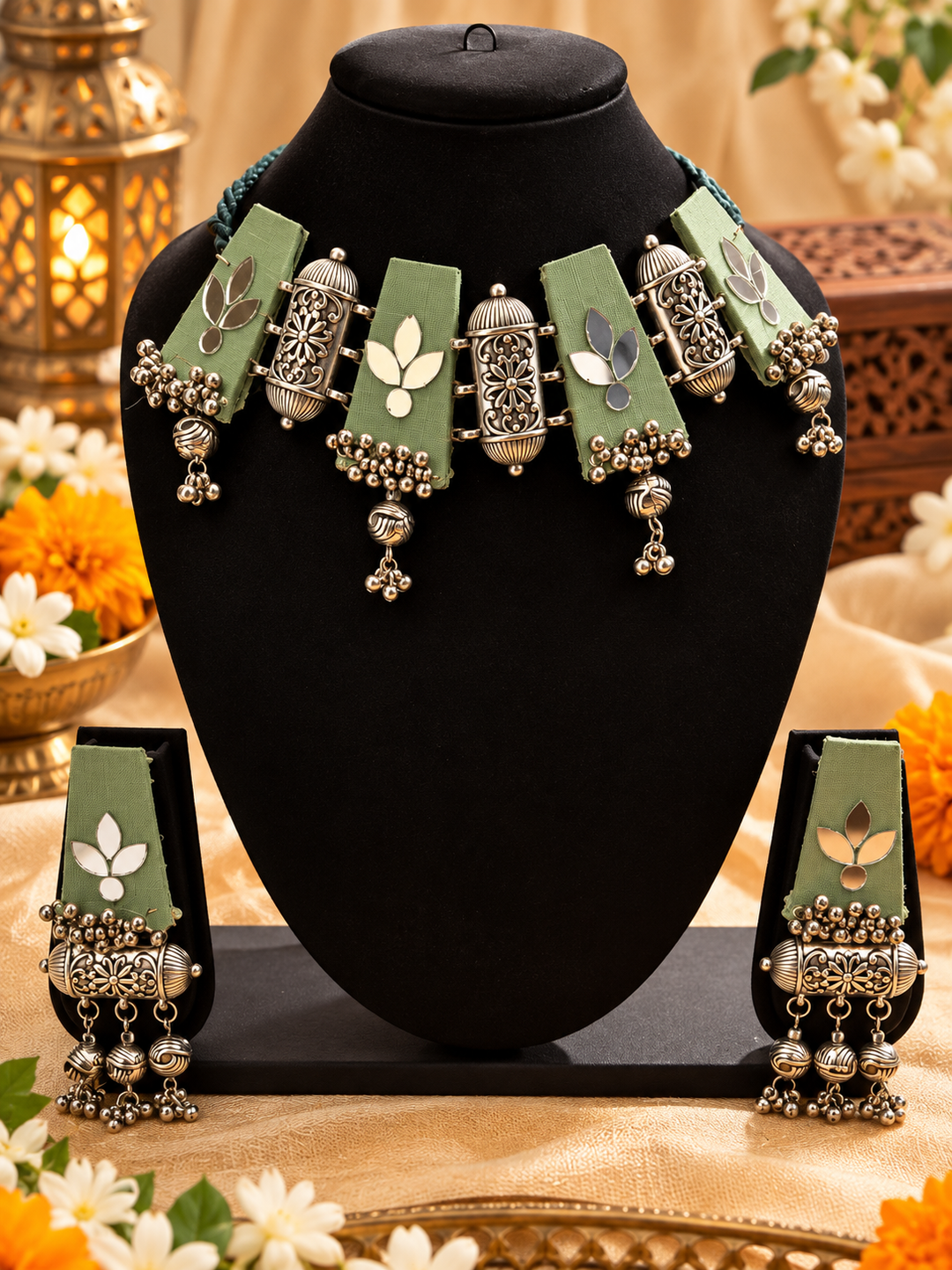 Olive Green Mirror Jhumka Necklace Set