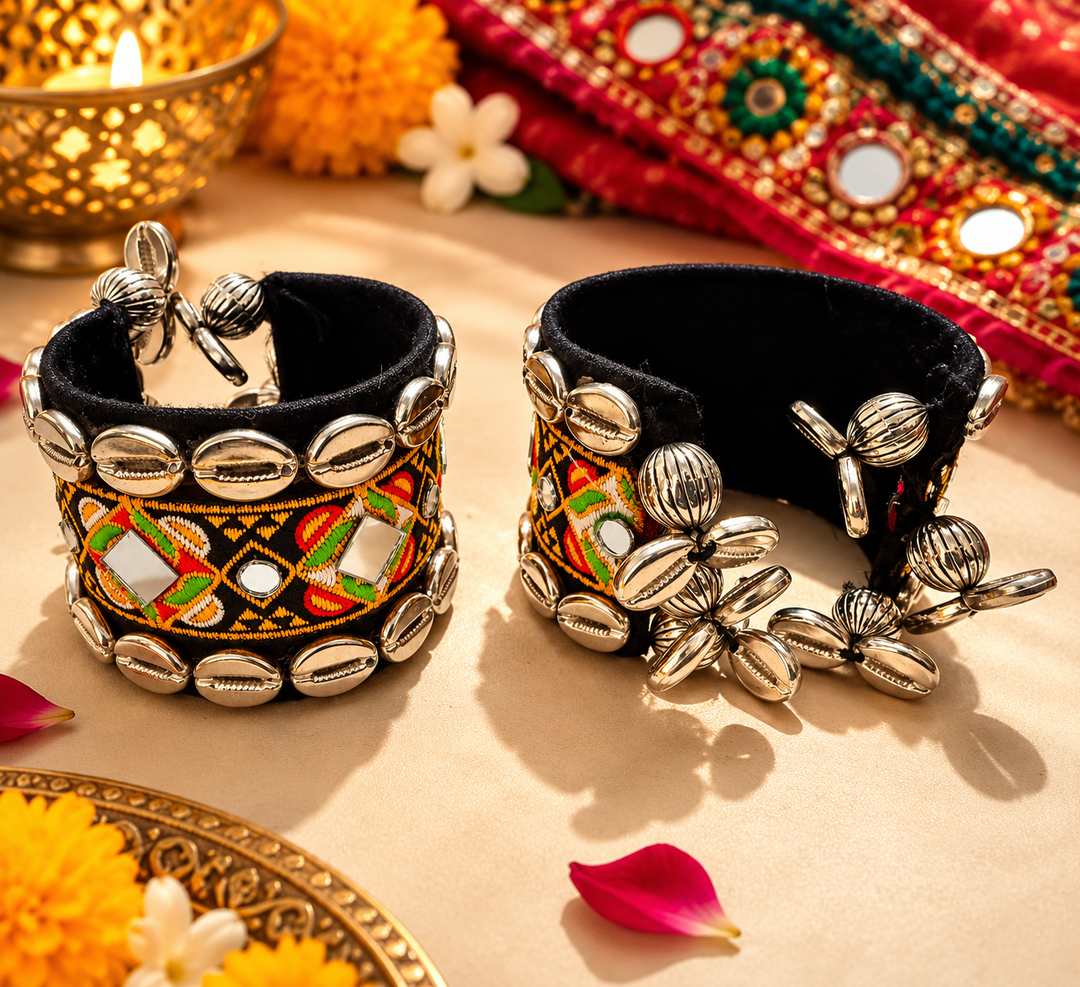 Black Embroidered Cowrie Cuff