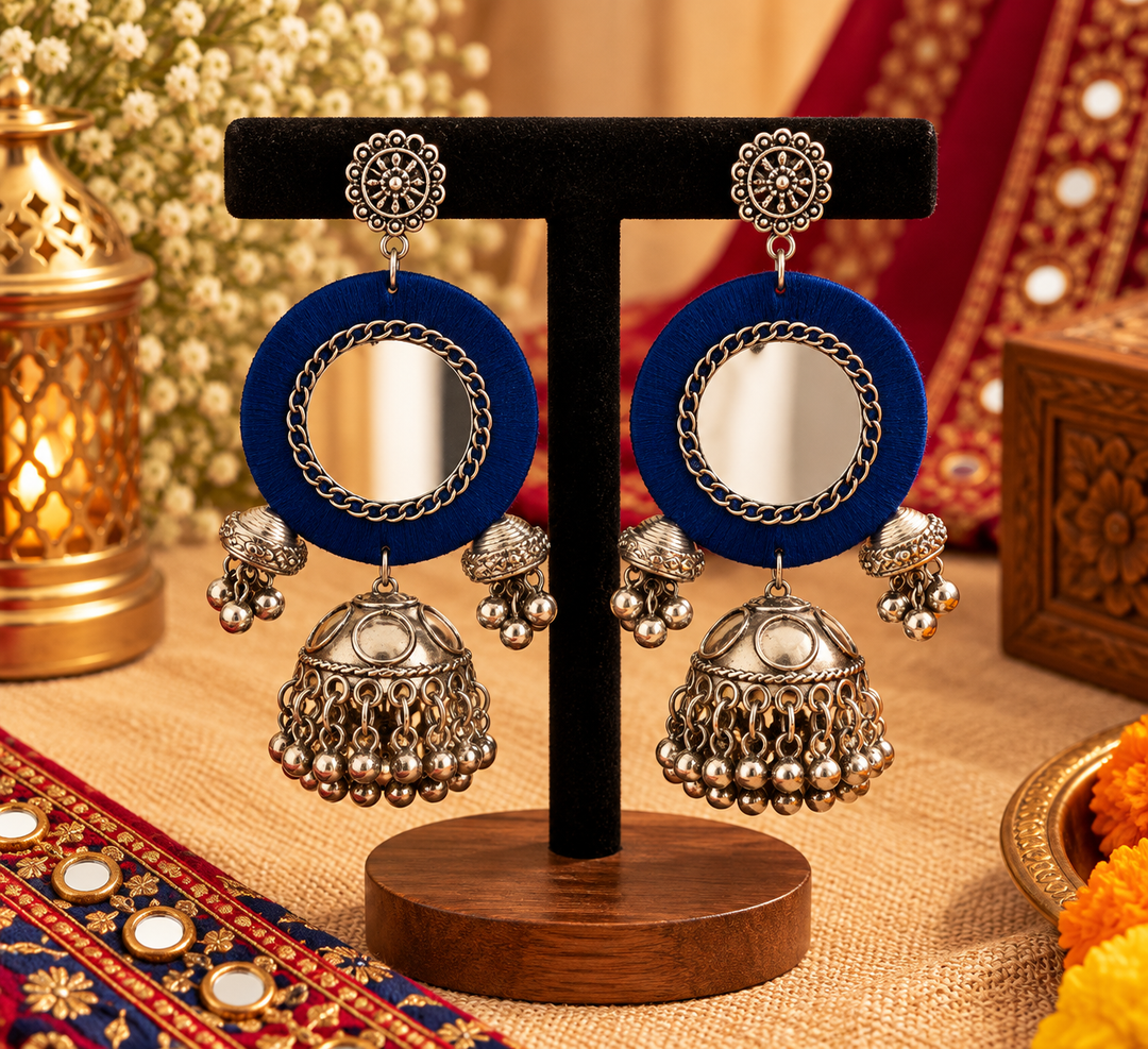 Blue/Black Mirror Work & Fabric Jhumka Earrings