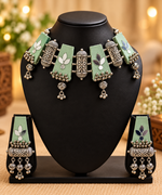 Load image into Gallery viewer, Mint Green Mirror Work &amp; Fabric Jewelry Set
