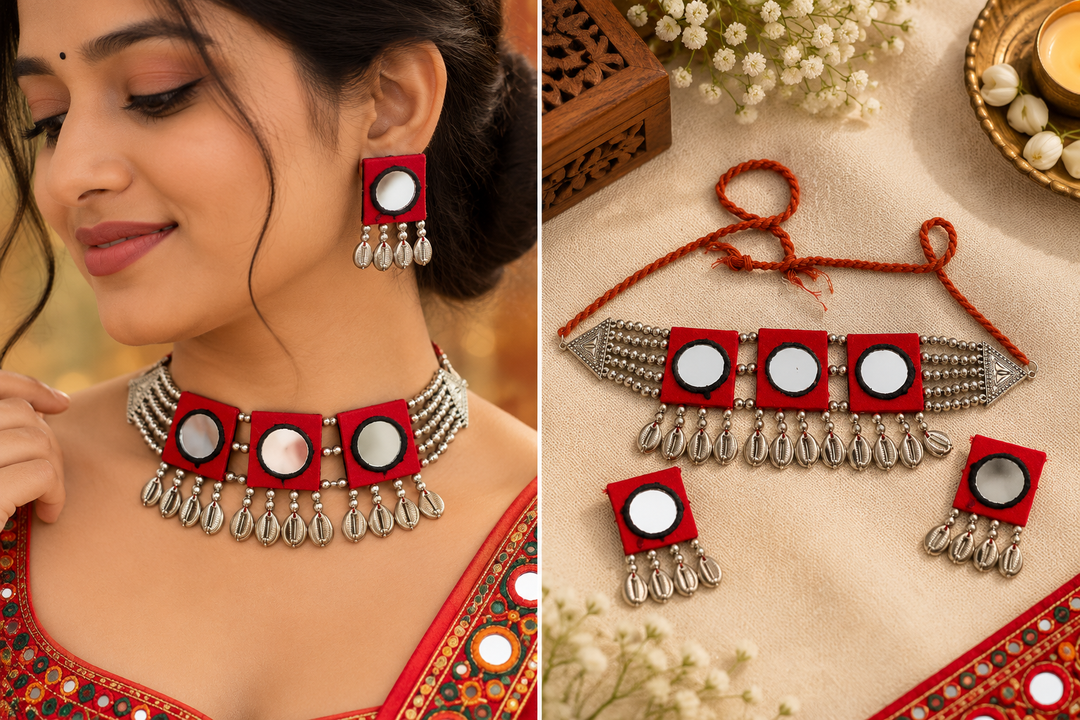 Red Mirror Work & Cowrie Shell Choker Set with Earrings
