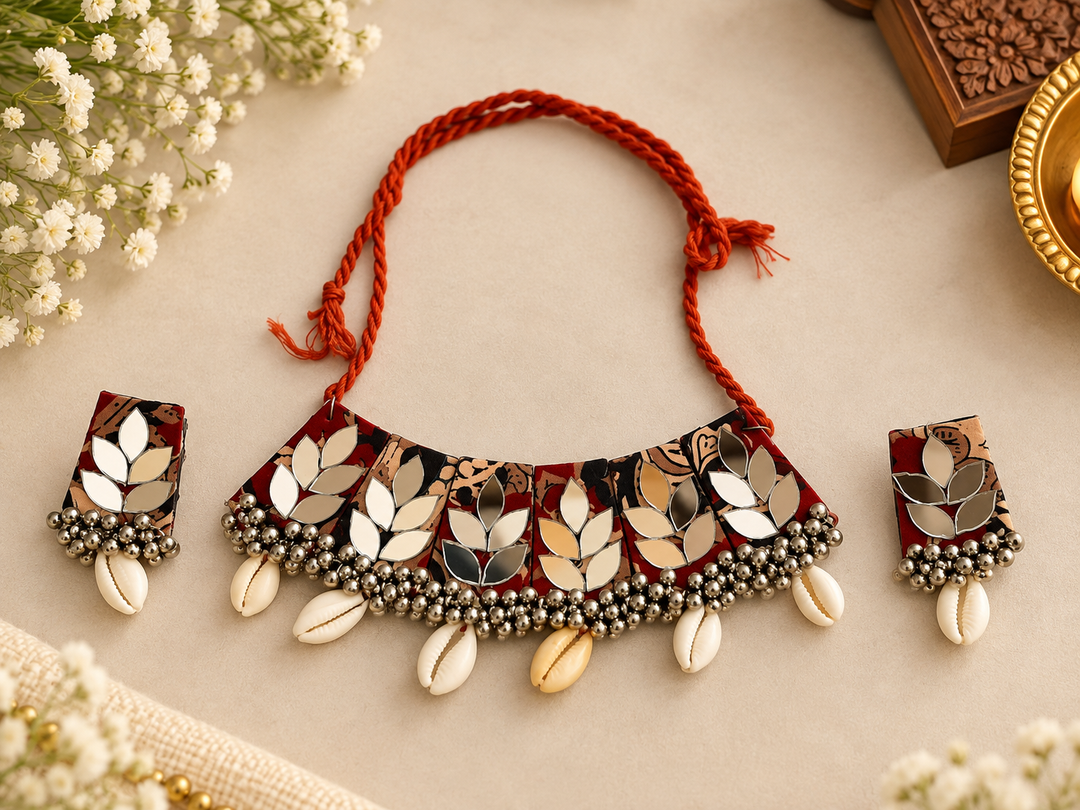 Multi-Mirror Floral Work & Cowrie Shell Choker Set with Earrings