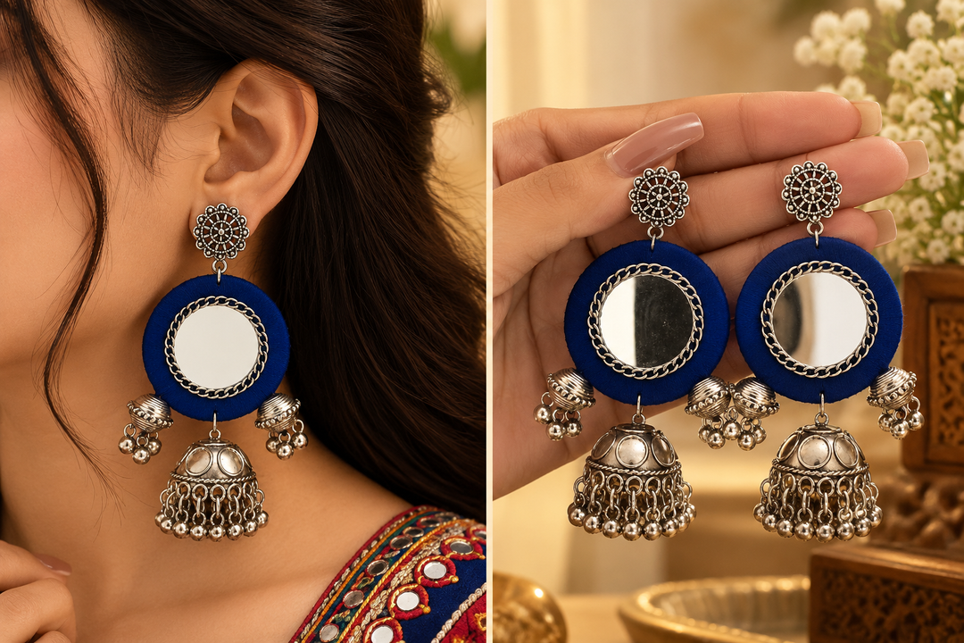 Blue/Black Mirror Work & Fabric Jhumka Earrings