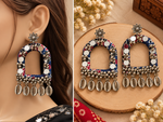 Load image into Gallery viewer, Blue Fabric Mirror Work Arch Earrings with Cowrie Shell &amp; Ghungroo Dangles
