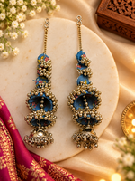 Load image into Gallery viewer, Multi-Tiered Blue Floral Fabric &amp; Oxidised Jhumka Earrings
