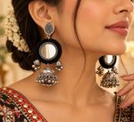 Load image into Gallery viewer, Blue/Black Mirror Work &amp; Fabric Jhumka Earrings
