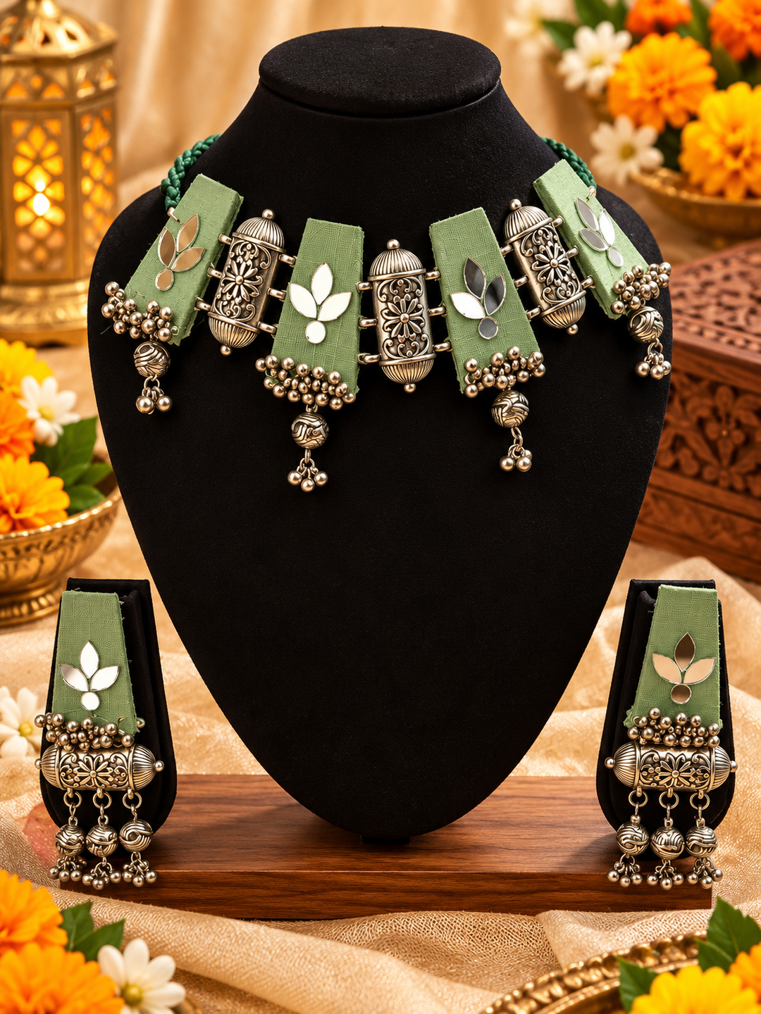 Olive Green Mirror Jhumka Necklace Set