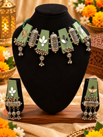 Load image into Gallery viewer, Olive Green Mirror Jhumka Necklace Set
