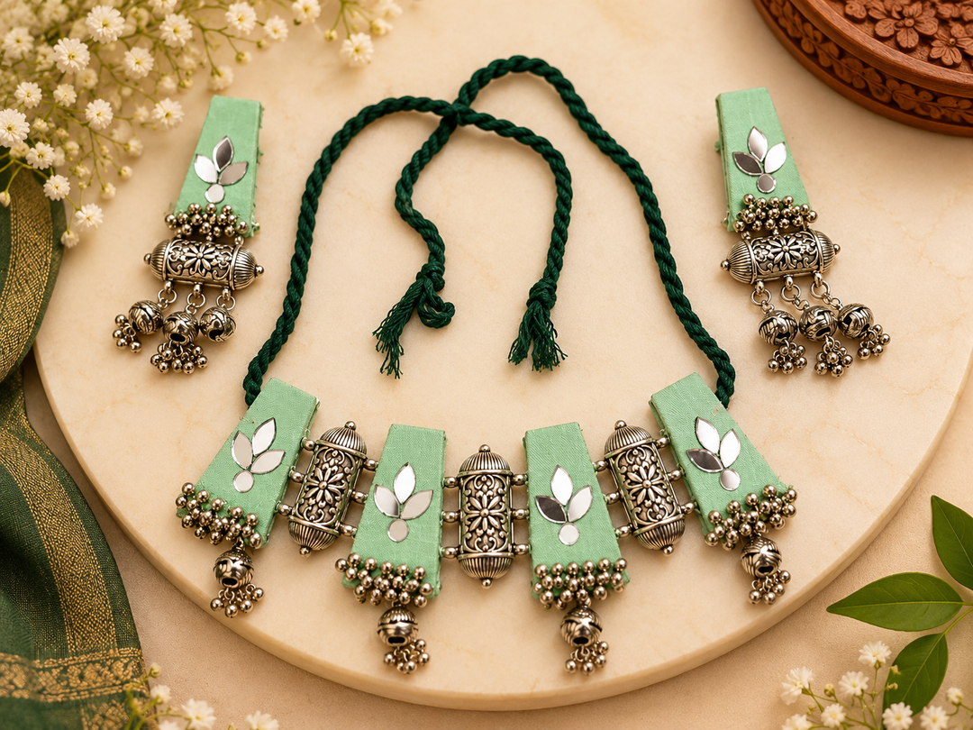 Mint Green Mirror Work & Fabric Jewelry Set