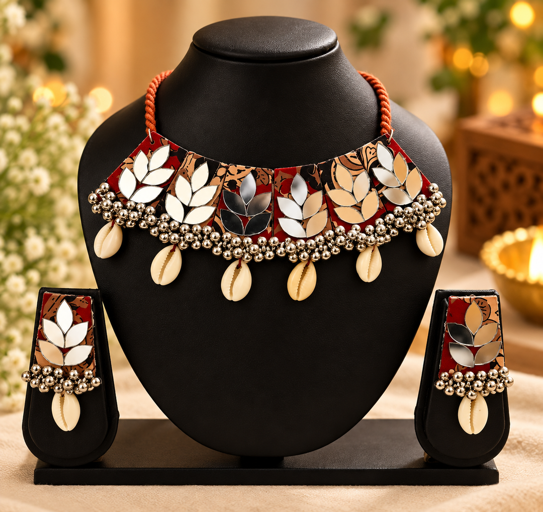Multi-Mirror Floral Work & Cowrie Shell Choker Set with Earrings