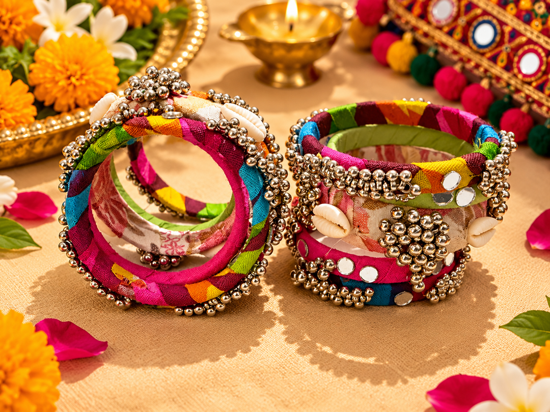 Multicolor Fabric Mirror Bangle Set