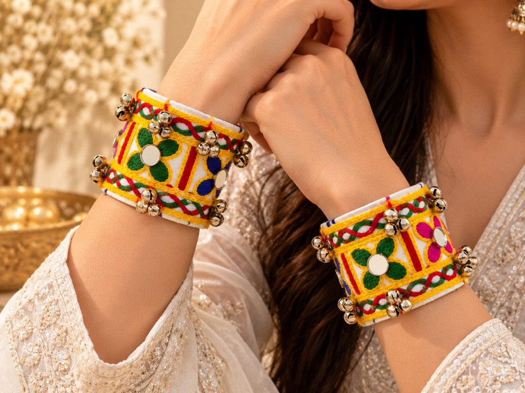 Yellow Floral Embroidered Ghungroo Cuff