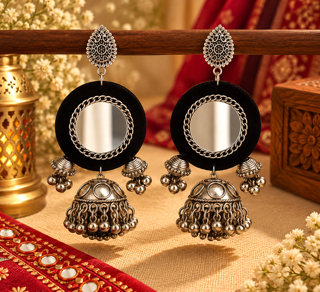 Blue/Black Mirror Work & Fabric Jhumka Earrings