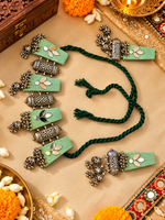 Load image into Gallery viewer, Olive Green Mirror Jhumka Necklace Set
