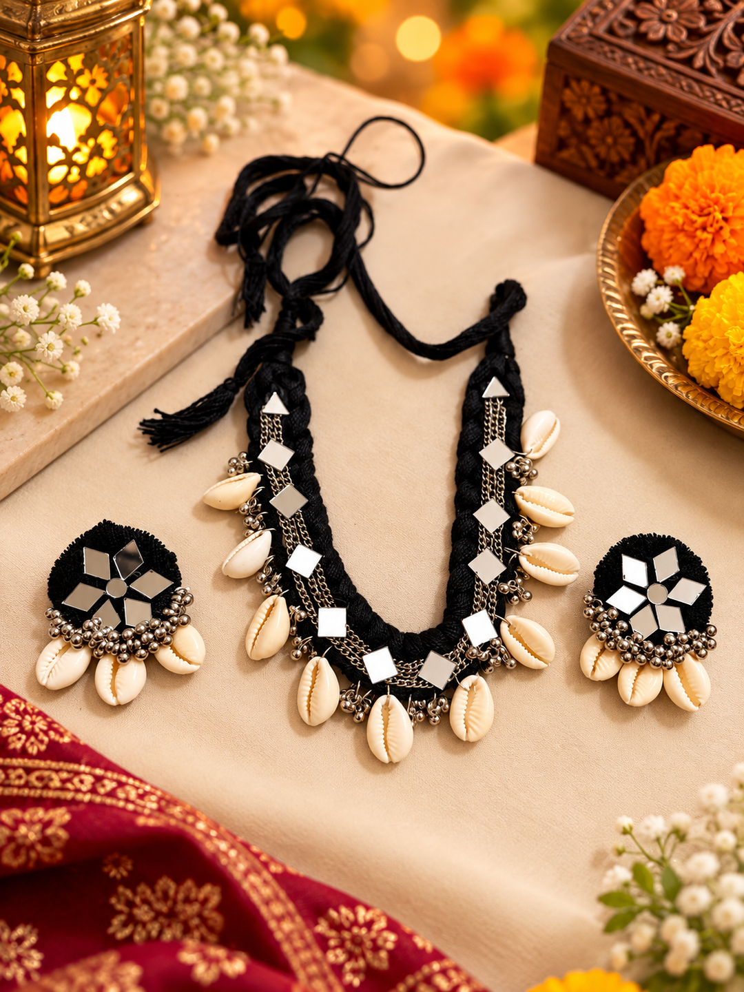 Black Mirror Work & Cowrie Shell Choker Set with Earrings