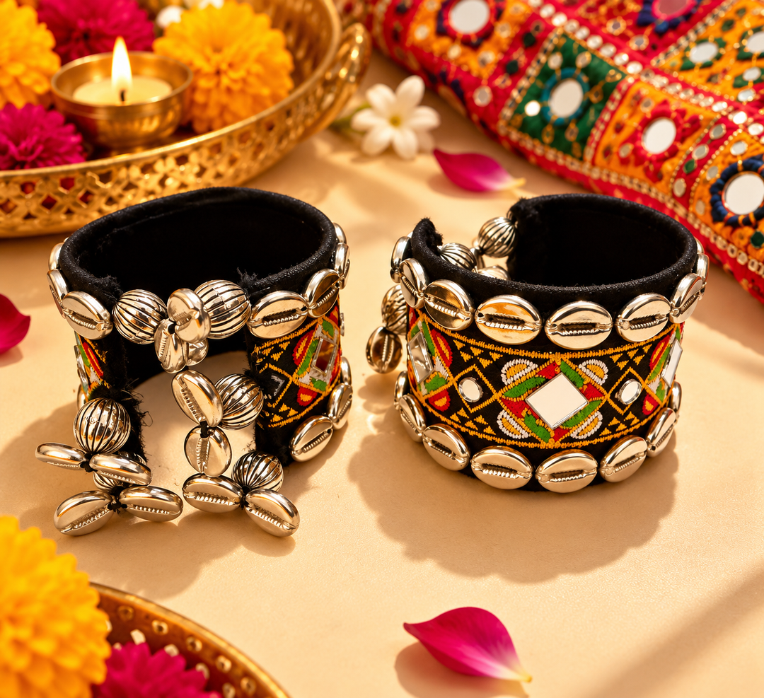 Black Embroidered Cowrie Cuff