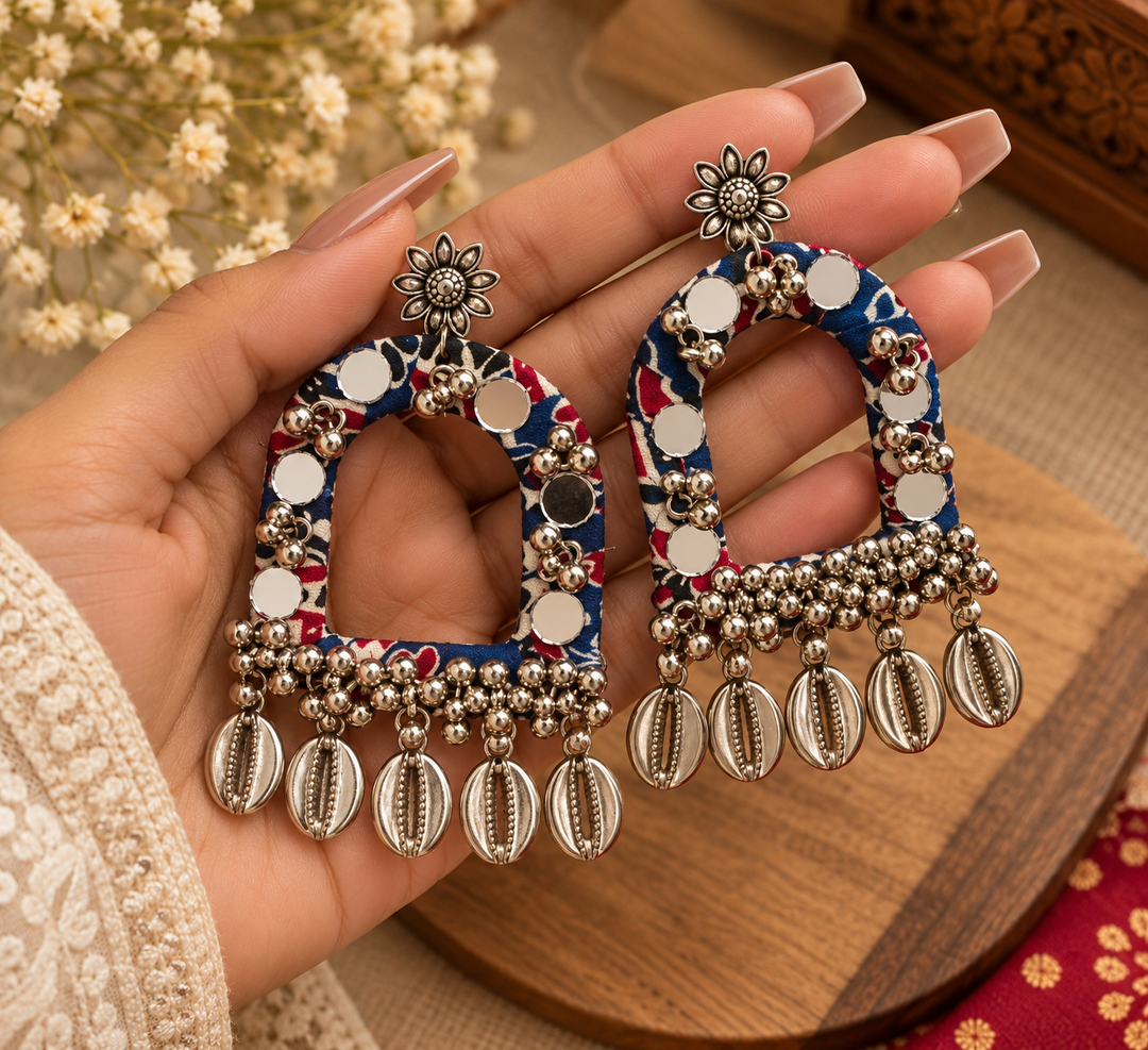 Blue Fabric Mirror Work Arch Earrings with Cowrie Shell & Ghungroo Dangles