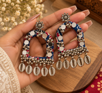 Load image into Gallery viewer, Blue Fabric Mirror Work Arch Earrings with Cowrie Shell &amp; Ghungroo Dangles
