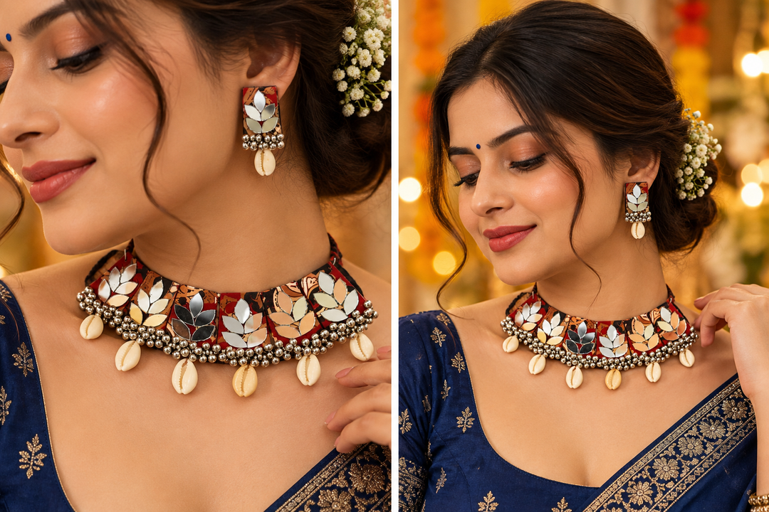 Multi-Mirror Floral Work & Cowrie Shell Choker Set with Earrings