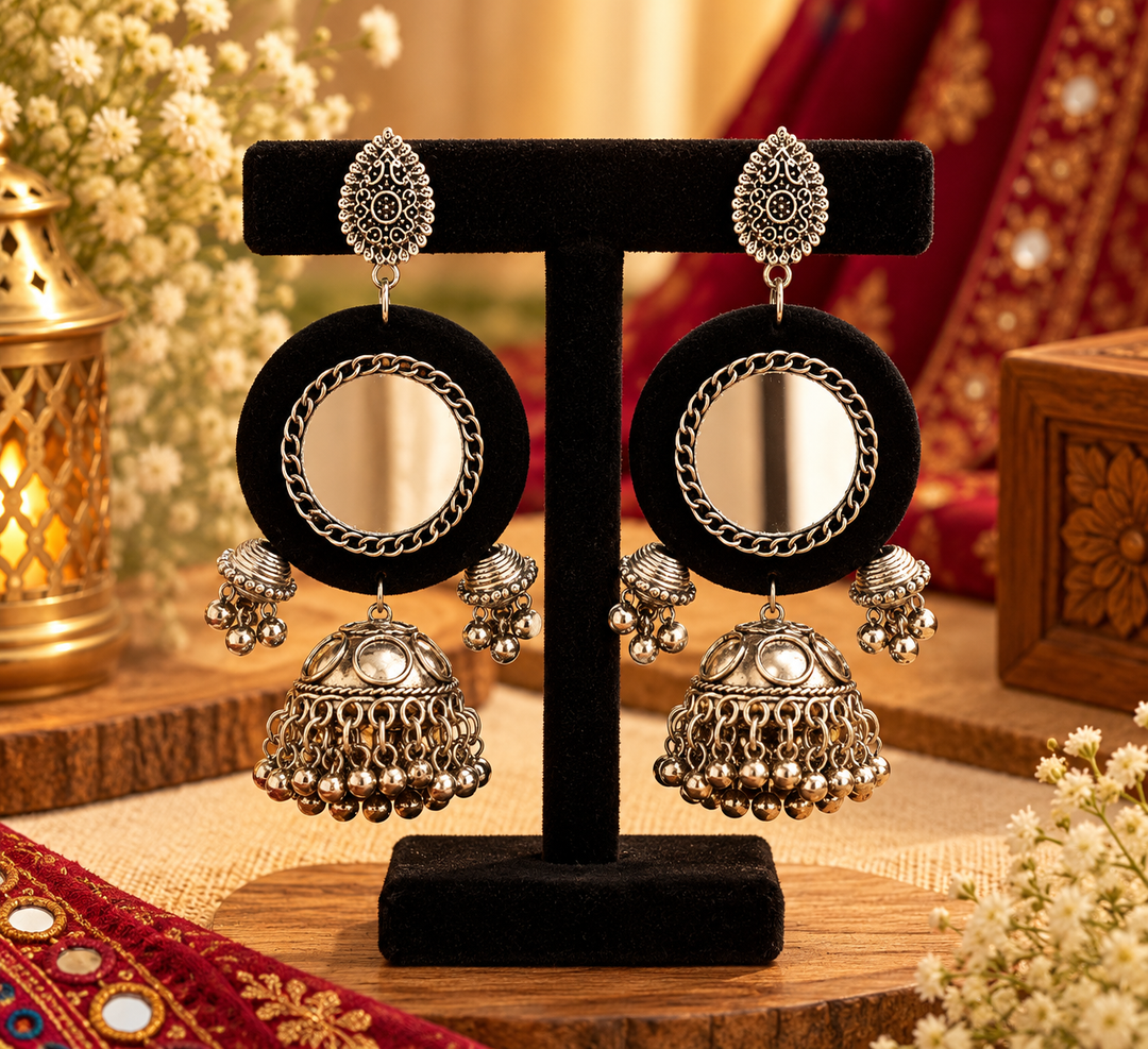 Blue/Black Mirror Work & Fabric Jhumka Earrings