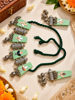 Load image into Gallery viewer, Olive Green Mirror Jhumka Necklace Set

