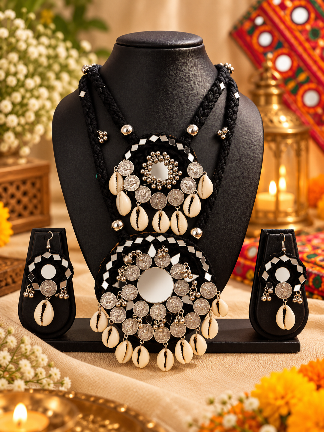 Black Mirror Work & Cowrie Shell 2-Layer Necklace Set