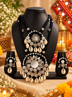 Load image into Gallery viewer, Black Mirror Work &amp; Cowrie Shell 2-Layer Necklace Set
