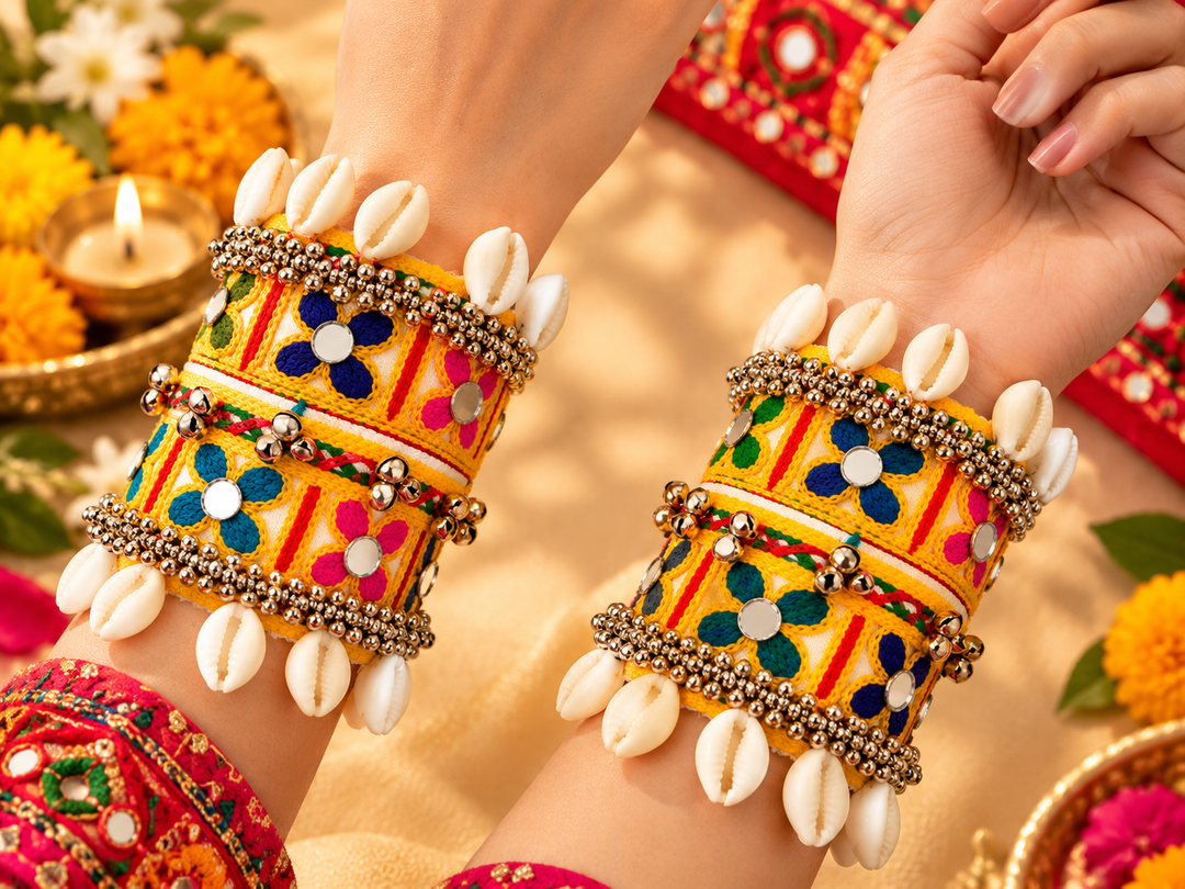 Yellow Floral Embroidered Cowrie Cuff