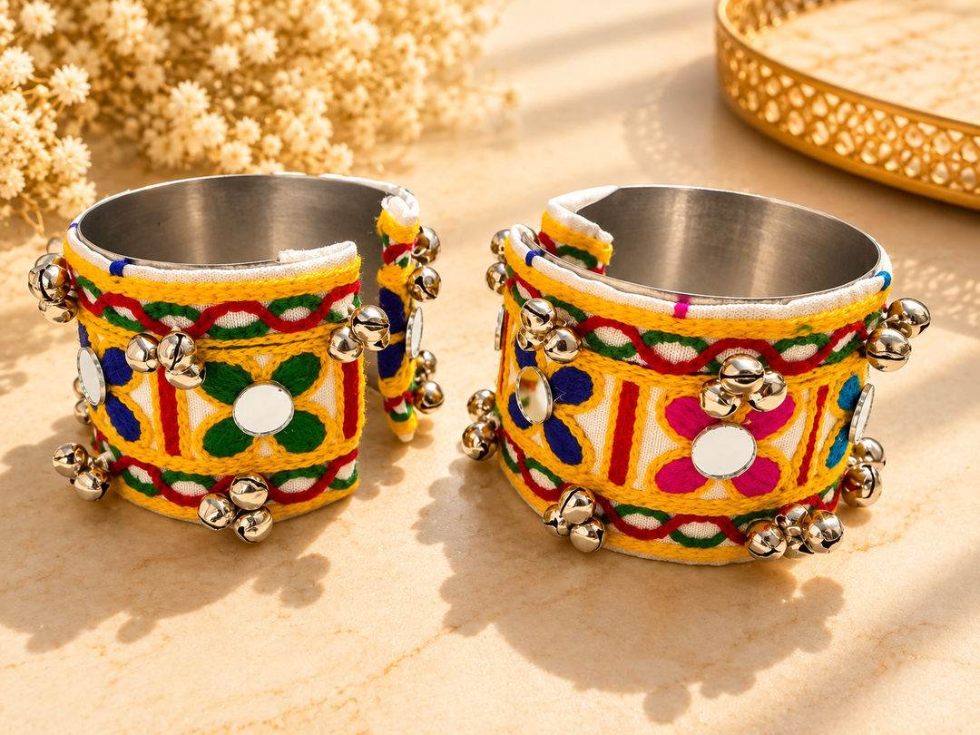 Yellow Floral Embroidered Ghungroo Cuff