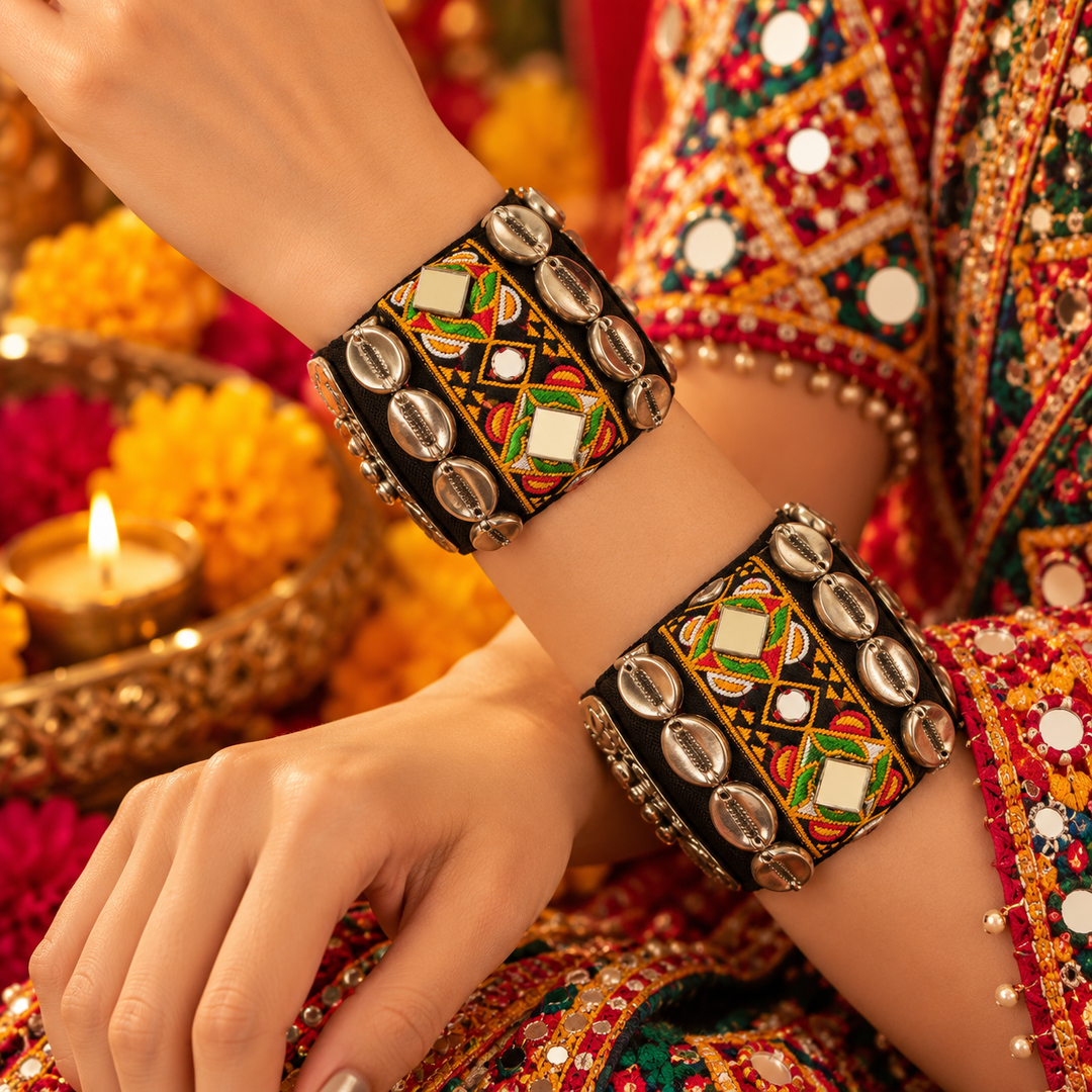 Black Embroidered Cowrie Cuff