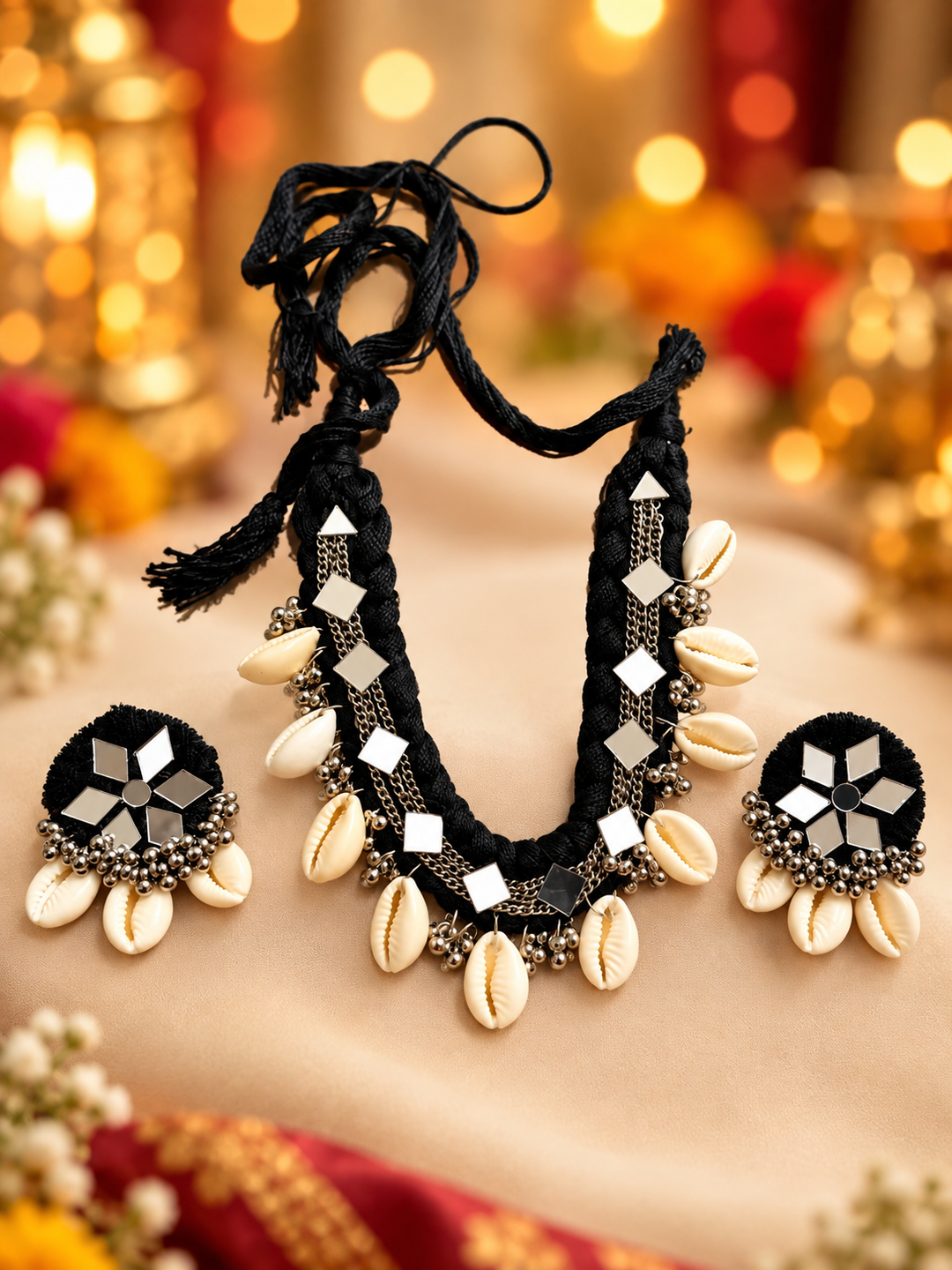 Black Mirror Work & Cowrie Shell Choker Set with Earrings