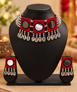 Load image into Gallery viewer, Red Mirror Work &amp; Cowrie Shell Choker Set with Earrings
