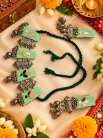 Load image into Gallery viewer, Olive Green Mirror Jhumka Necklace Set
