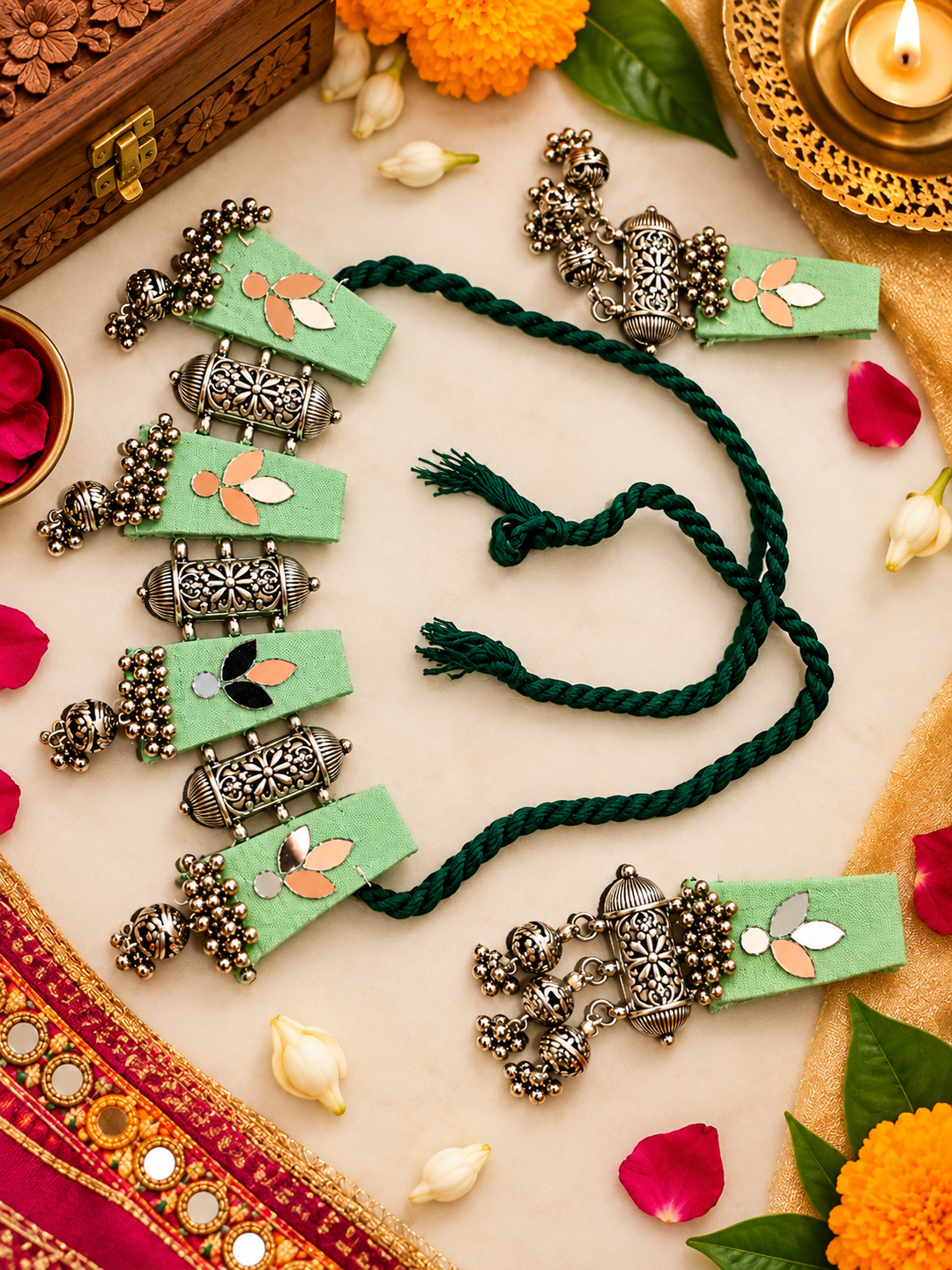 Olive Green Mirror Jhumka Necklace Set