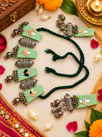 Load image into Gallery viewer, Olive Green Mirror Jhumka Necklace Set

