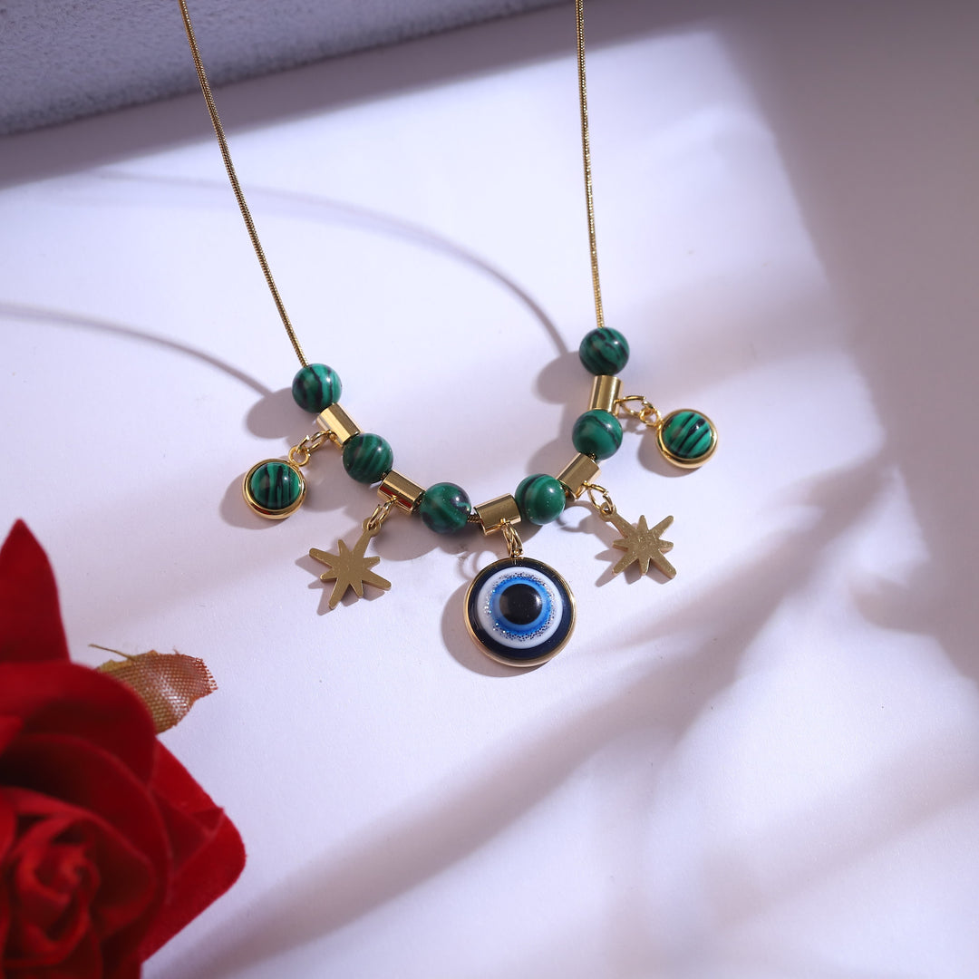 Mystic Evil Eye & Green Bead Charm Necklace Set