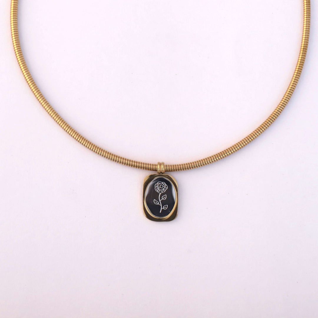 Bloom with Grace” Rose Engraved Charm Choker – Anti-Tarnish Gold Necklace