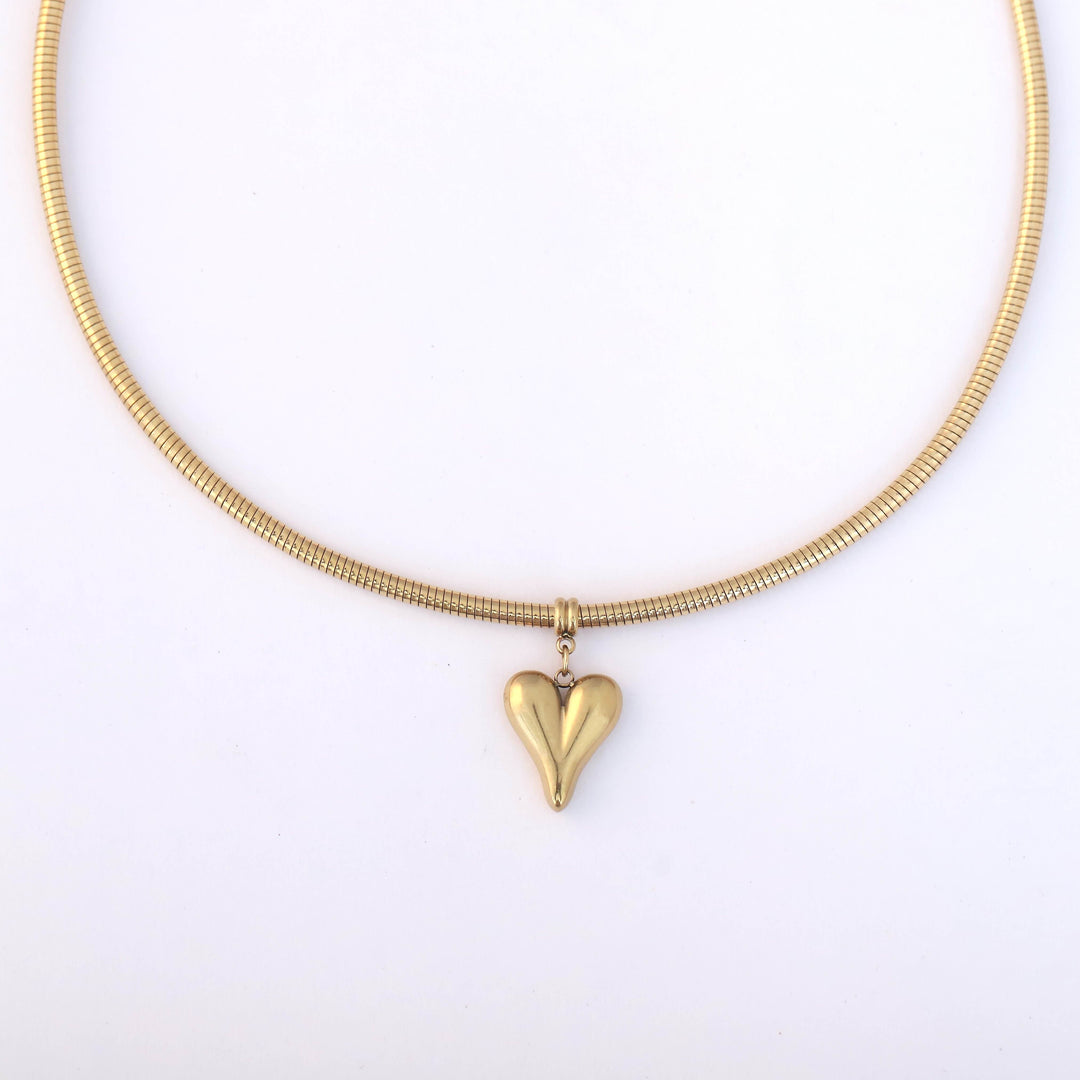 Sleek Golden Curved Heart Pendant Snake Chain Choker