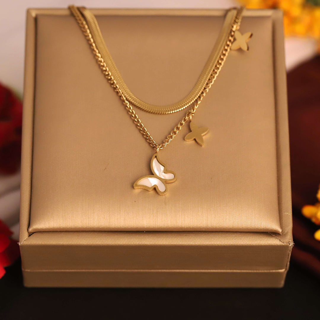 Golden Triple Layer Butterfly Charm Necklace