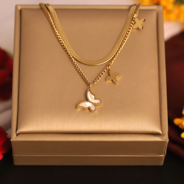 Golden Triple Layer Butterfly Charm Necklace