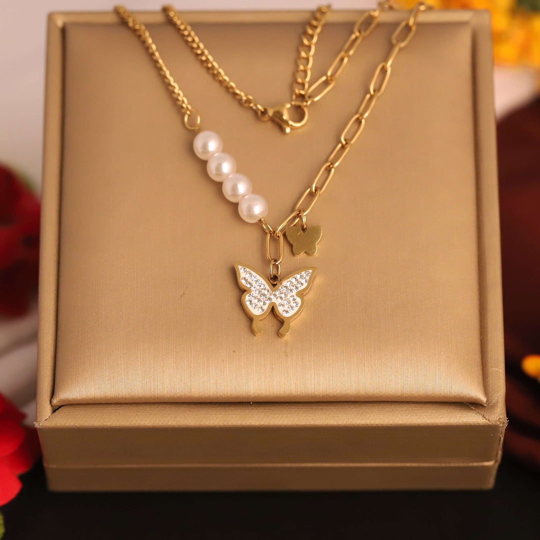 Golden Pearl & Butterfly Charm Layered Necklace