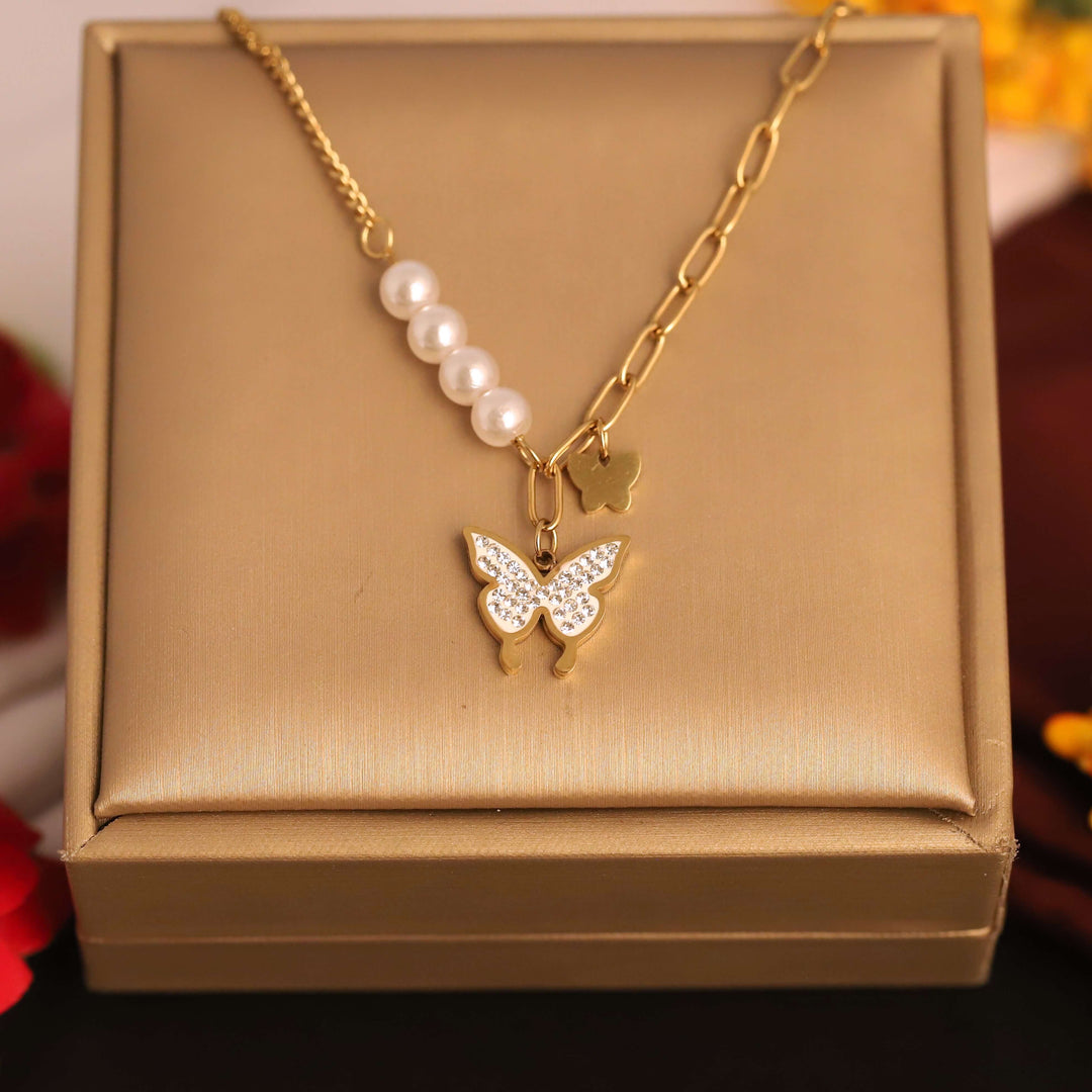 Golden Pearl & Butterfly Charm Layered Necklace