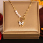 Load image into Gallery viewer, Golden Pearl &amp; Butterfly Charm Layered Necklace
