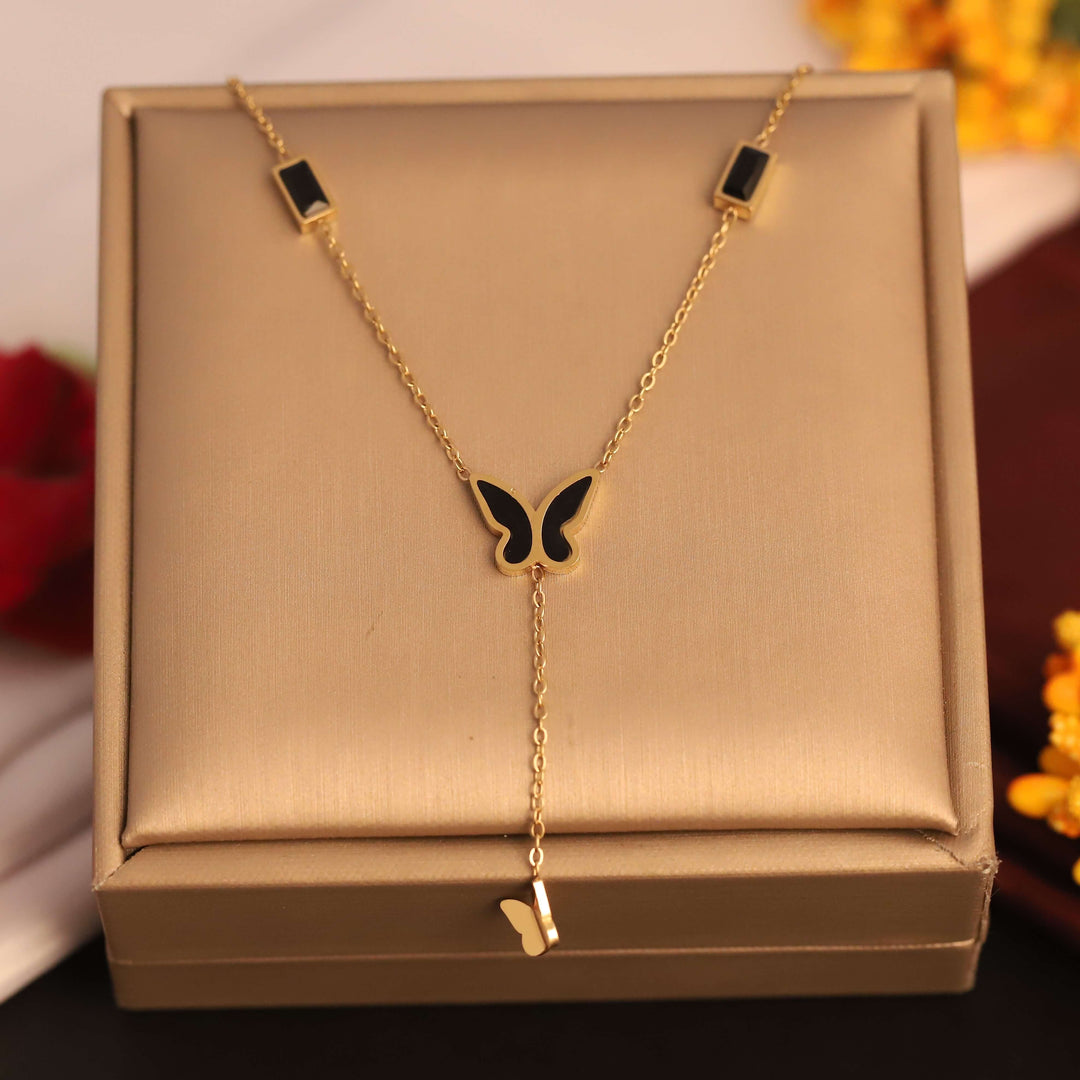 Black Enamel Butterfly Drop Layered Necklace