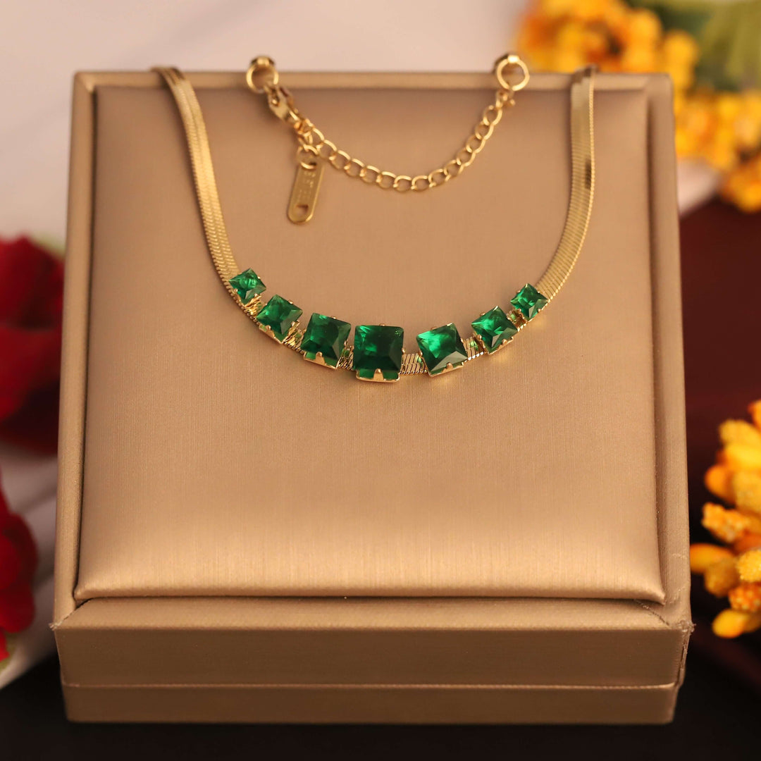 Golden Emerald-Cut Stone Statement Necklace