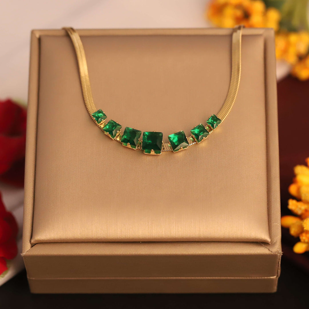 Golden Emerald-Cut Stone Statement Necklace