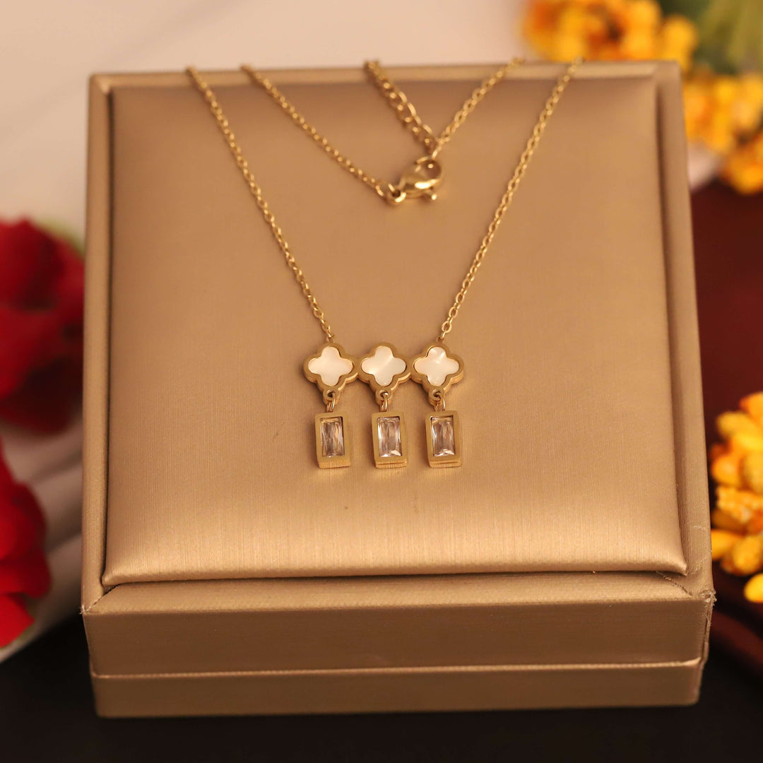 Golden Triple Clover & Crystal Drop Necklace
