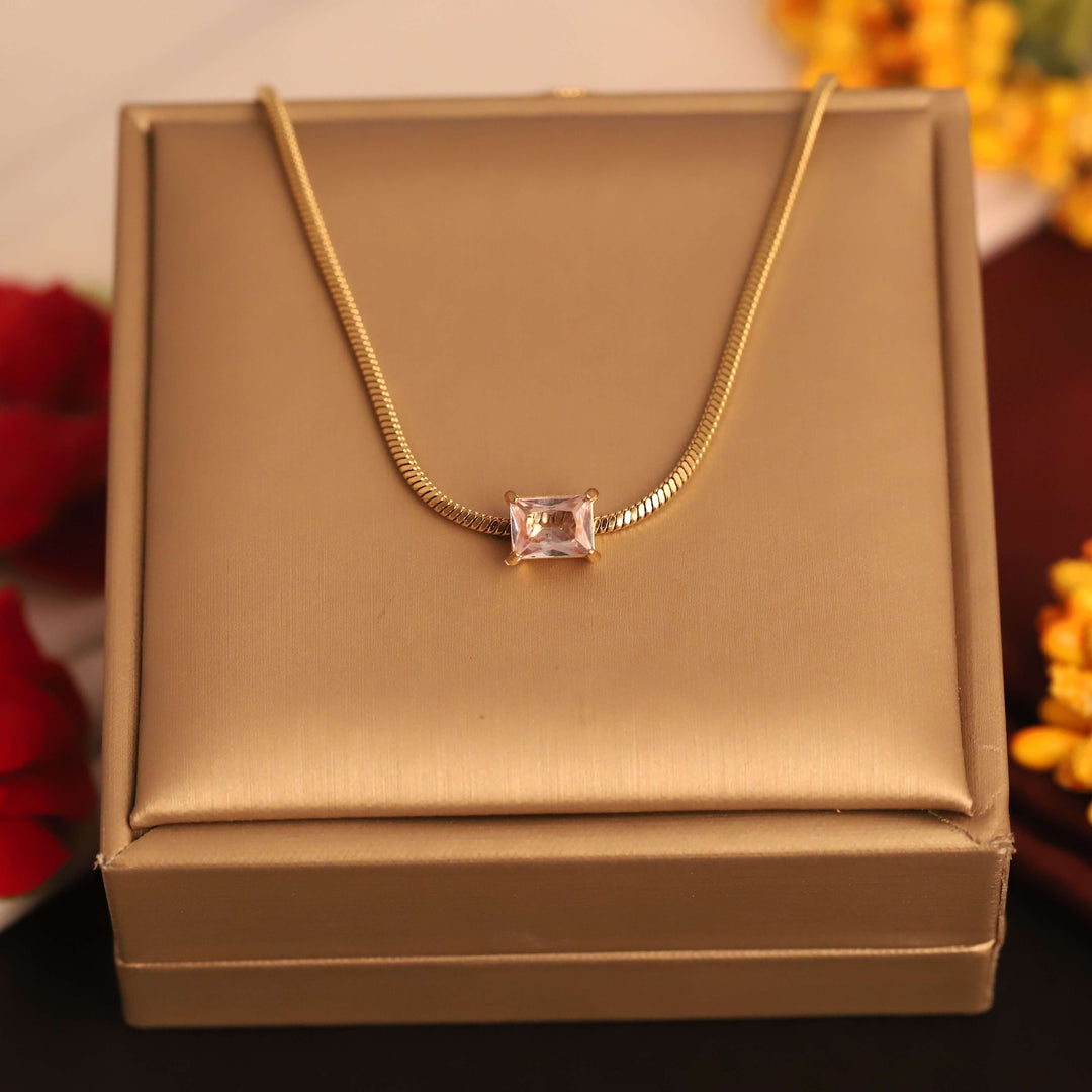 Golden Solitaire Square Pendant Snake Chain Necklace