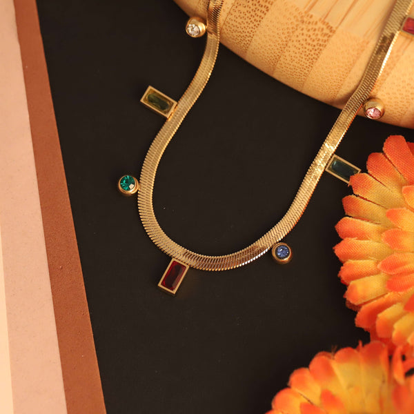 Gold Plated Multicolour Rectangular Stone Charm Necklace